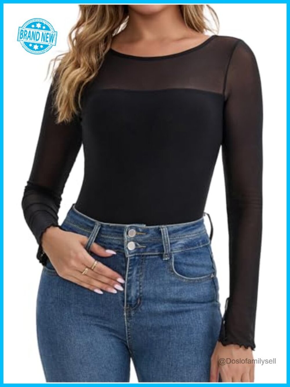 Sheer Mesh Long Sleeve Double Layer Lace Boat Neck Blouse Party Club Top